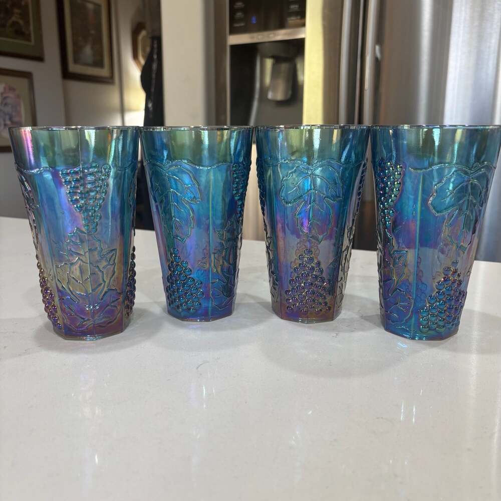 Vintage Indiana Iridescent Blue Carnival Glass Grape Pattern Tumblers Set of 4 - Picture 2 of 8